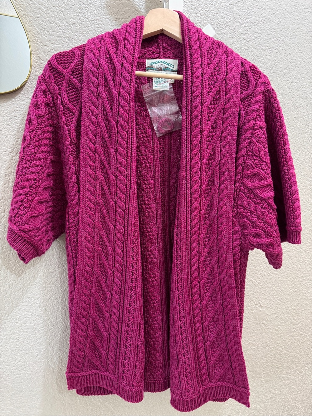 Aran Crafts Ireland 100% Merino Wool Cable Knit Cardigan Pink S